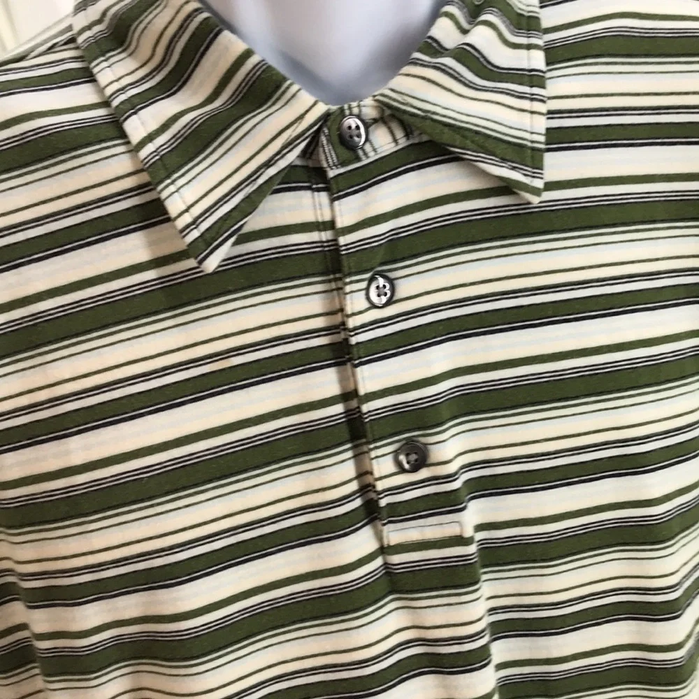 EXPRESS Men’s Green/Cream/Lt Blue/Black Striped Short Sleeve 3-Button Polo—Sz L